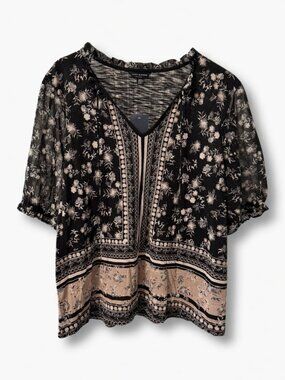 NWT Lucky Brand Black Floral Short Sleeve Peasant Boho Blouse Top Size M